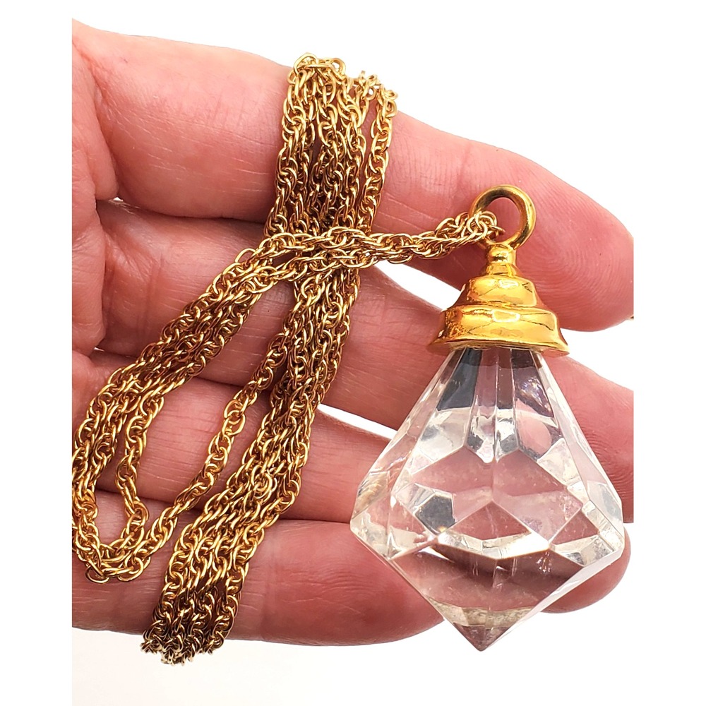Vintage Pendant Necklace Large Faceted Clear Drop Gold Tone Chain 28"